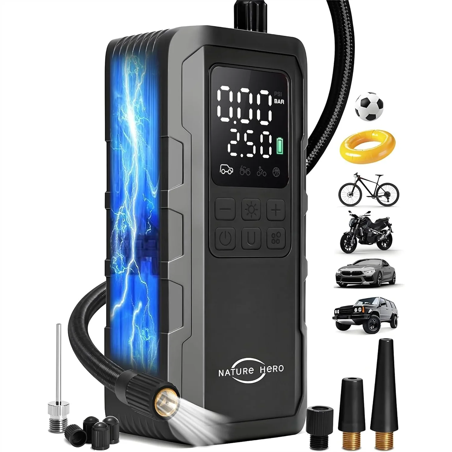 

Tire Inflator Portable Air Compressor - 7500mAh Cordless Air Pump for Car Tires, 150PSI with Pressure Gauge & LED Lights, 3X