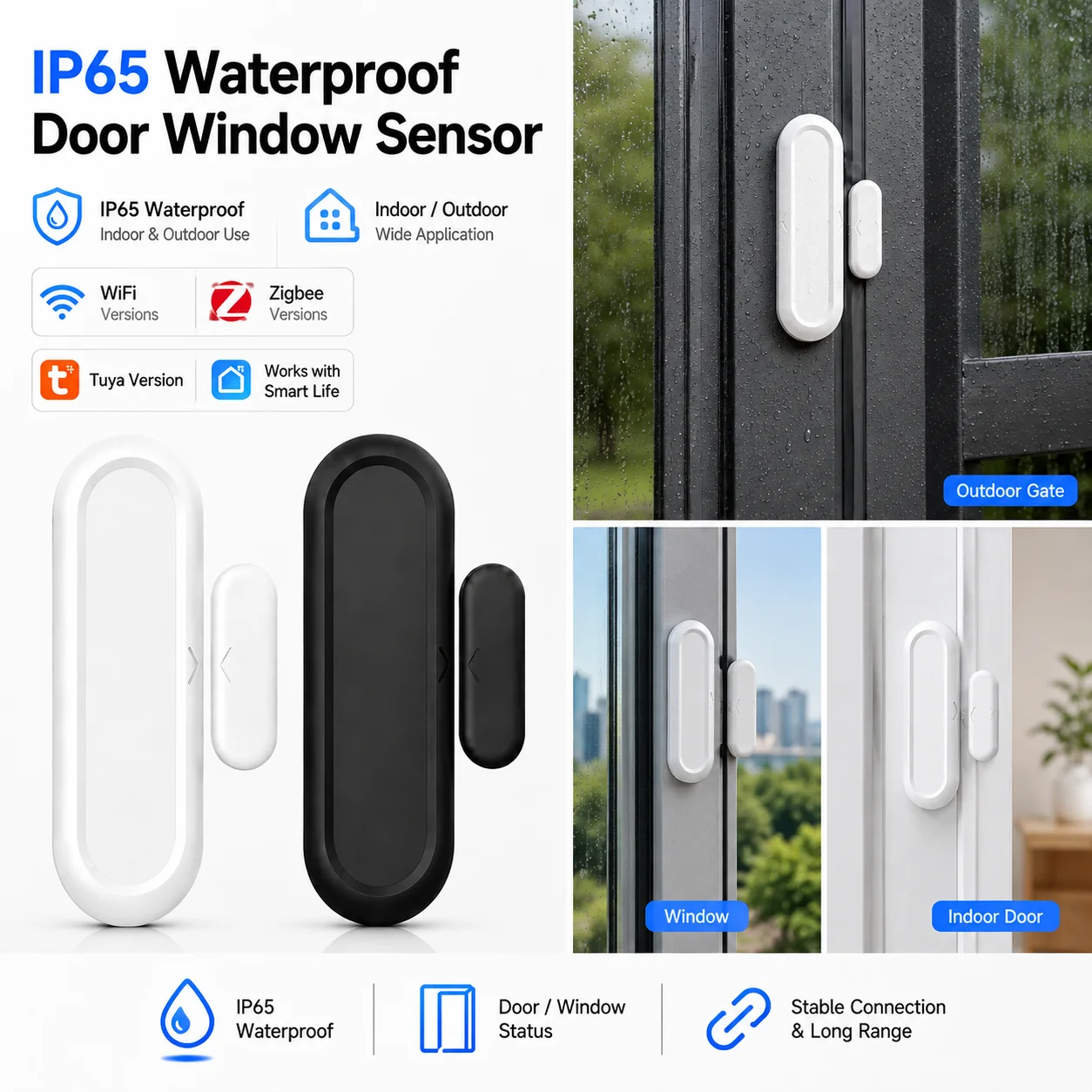IP65 Tuya Zigbee WiFi Door Window Magnetic Sensor Wireless Connection Smart Home Protection Waterproof Door Detectors Automation