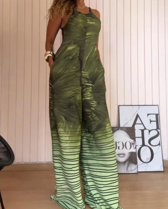Jumpsuits for Summer Women New Female Casual One Piece Pants Fashion Floral Print U-Neck Sleeveless Zipper Jumpsuit with Pocket