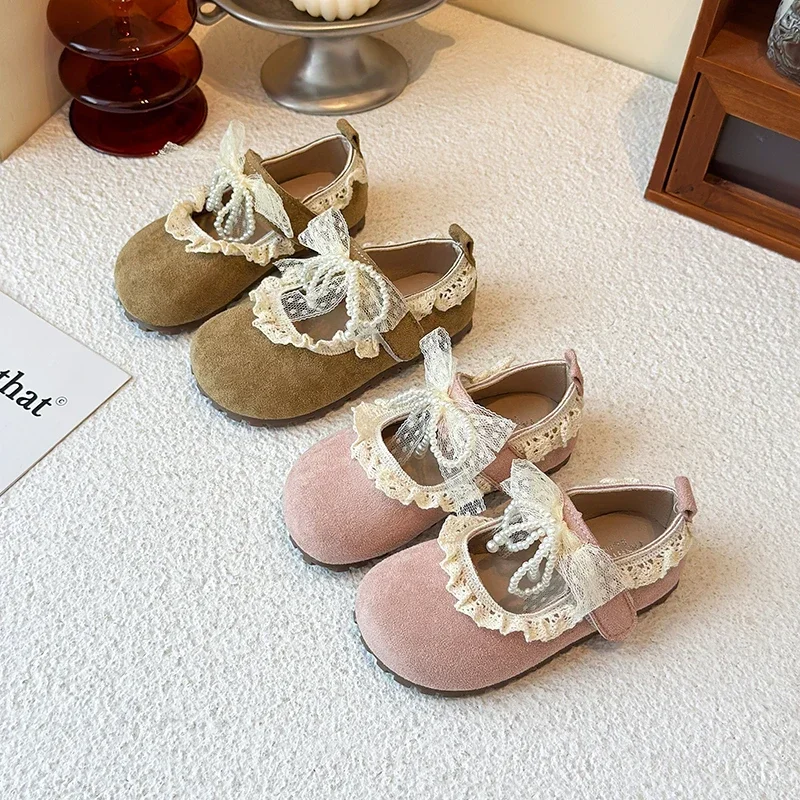 

Новые детские повседневные кожаные туфли для девочек, милые балетки принцессы с кружевом и бантом, элегантные детские туфли на плоской подошве для свадебной вечеринки, 21-33