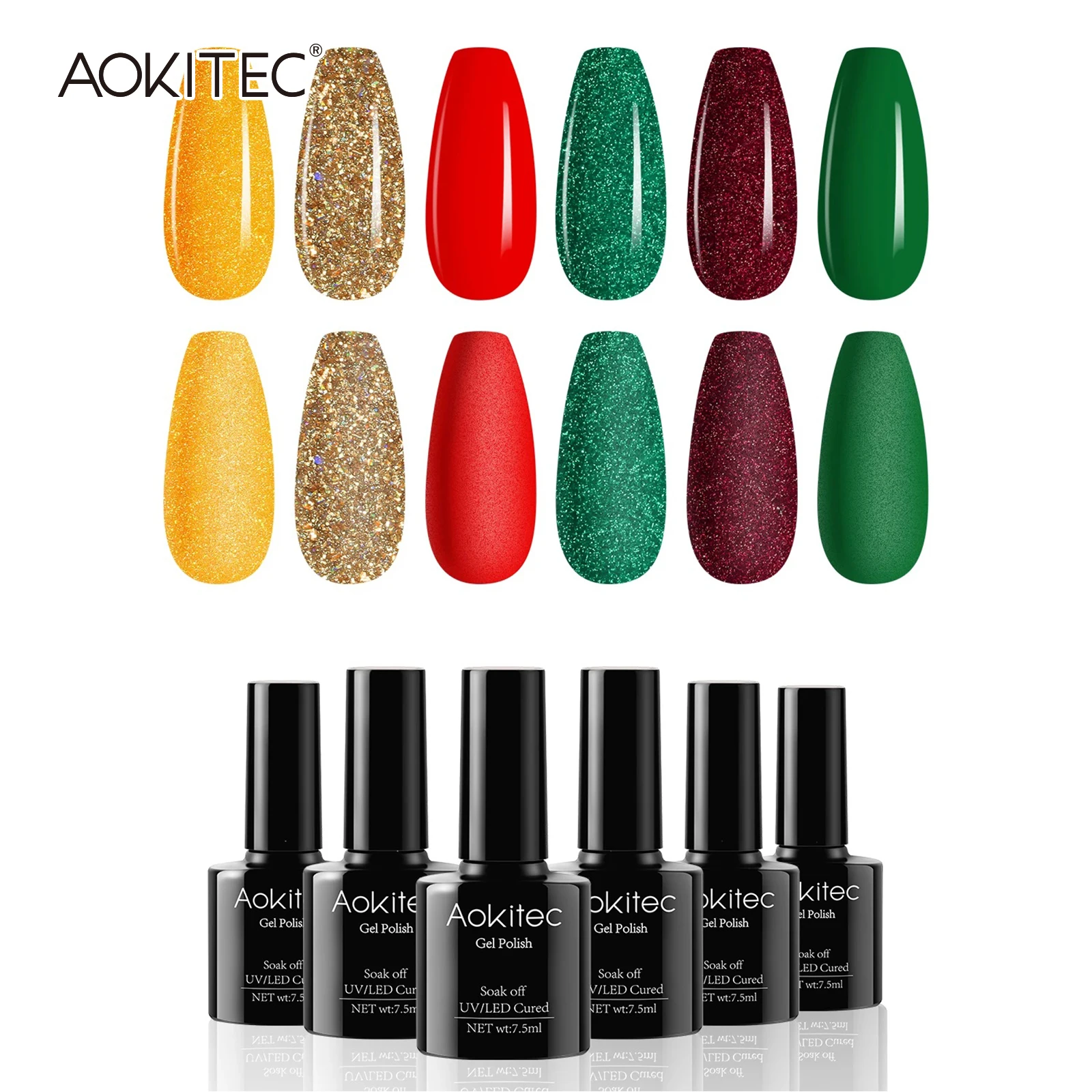 Aokitec Gel Nail Polish Kit 6 color 7.5ml Gel Polish Set Soak Off Nail UV LED Nails Christmas Tree Gel Nail Manicure Kit