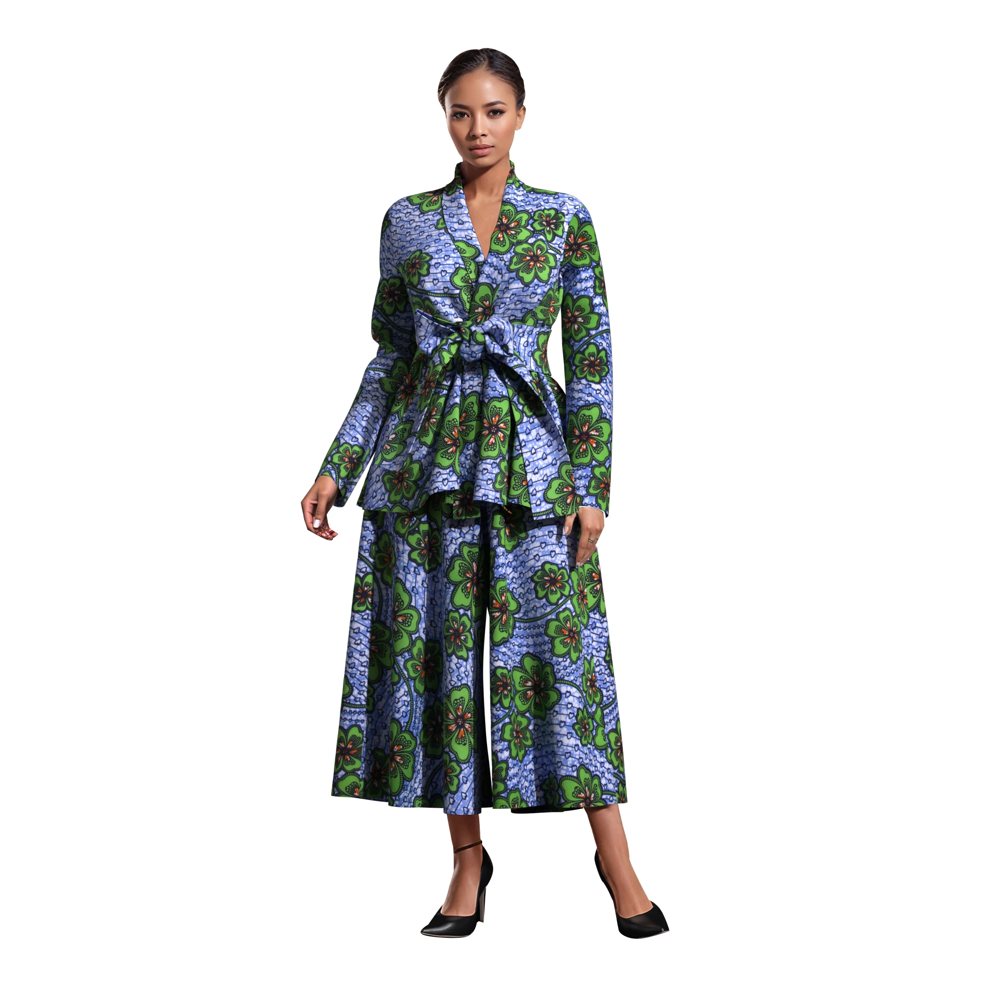 New African Print Ladies 2Pcs Outfit, Tie Waist Peplum Top & Wide Leg Trousers, Multi Occasion, Assorted Prints  WY10848