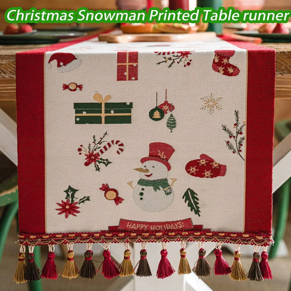 

Christmas Snowman Printed Table Runner American Tassel Desktop Decoration Table Runner Tv Cabinet Cover Cloth Home Festive Decor