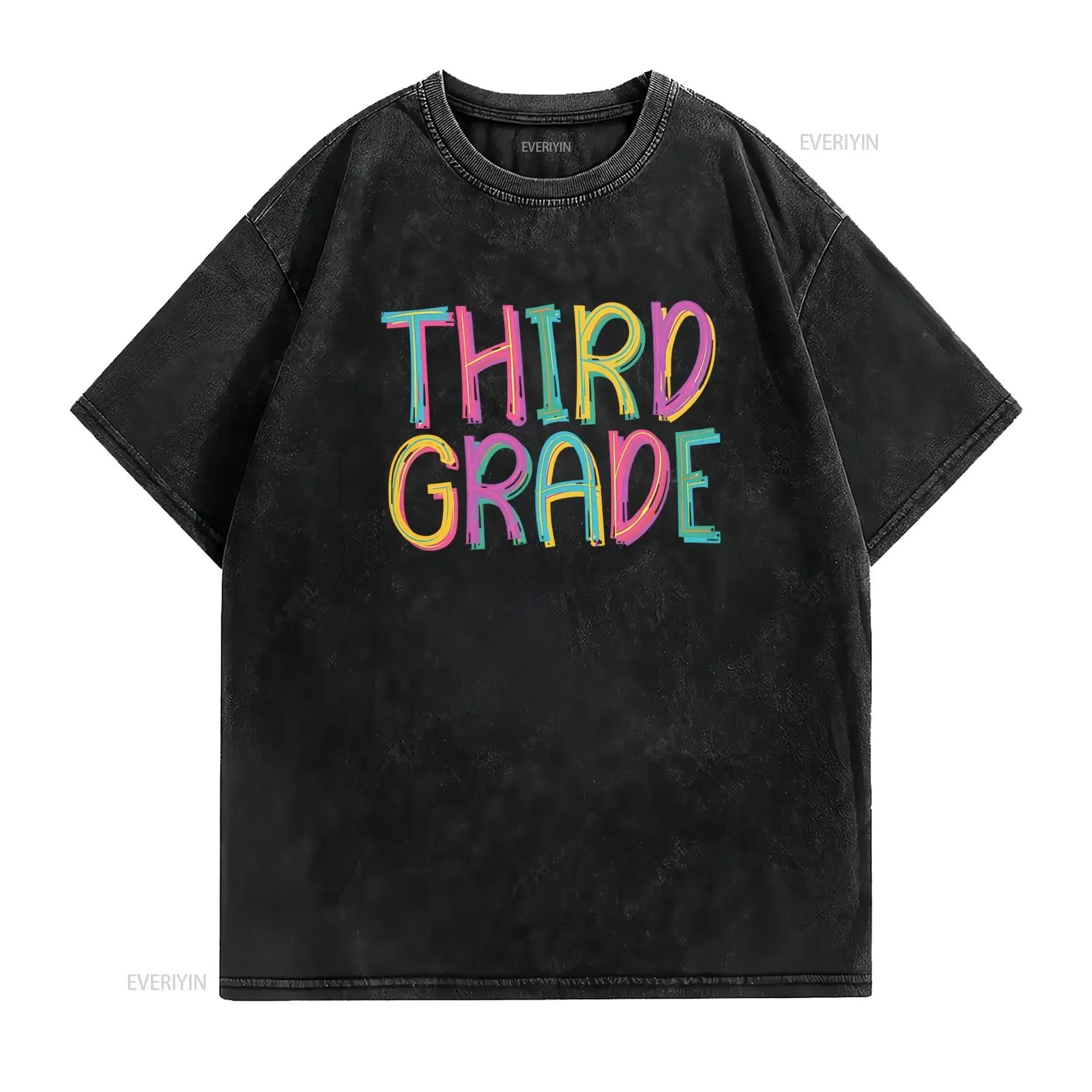 Colorful Neon Third Grade Back To School Print Casual T Shirt vintage Washed streetwear Comfortable designer clothes Soft homme