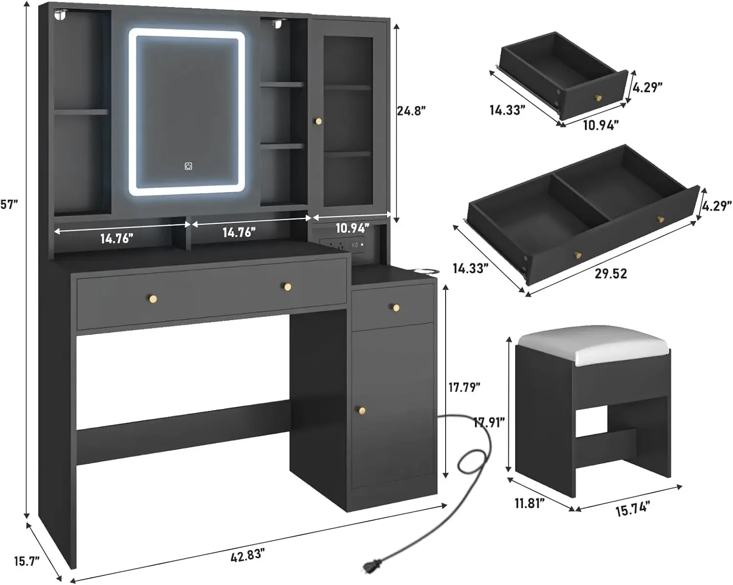 Kaptafel Met Verlichting & Schuifspiegel, Moderne Make-Up Spiegel Bureau Met Laadstation 2 Laden 2 Deuren, Veel Opbergruimte