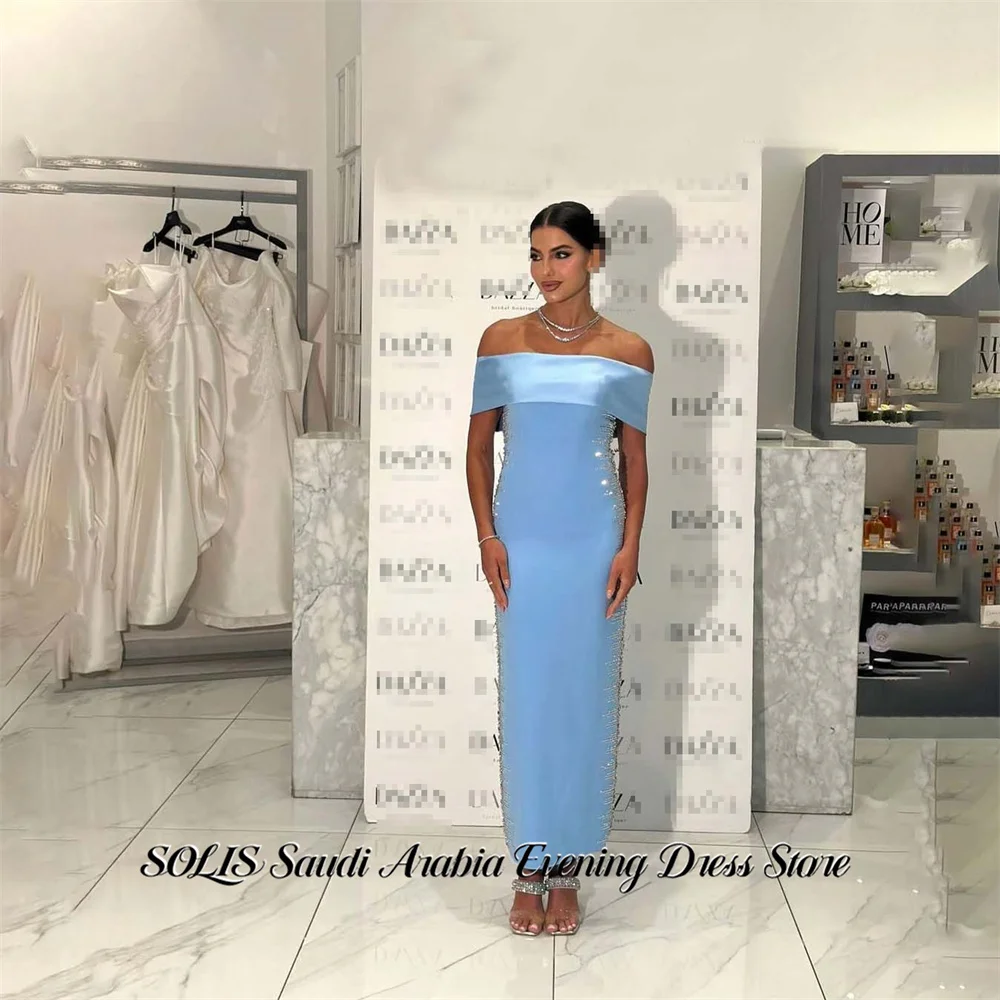 

SOLIS Blue Prom Dresses Off the Shoulder Straight Celebrity Dresses Satin Short Sleeve Evening Dresses with Crystal Customized