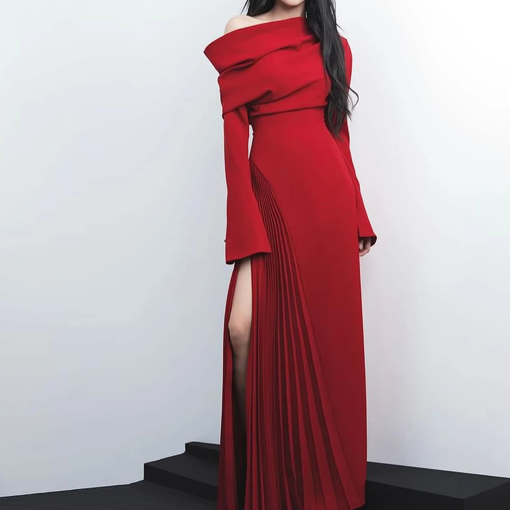 

Red Boat Neck One Shoulder Long Sleeves Jersey Straight Floor Length Pleats Zipper Back Evening Dress Elegant Party Gowns Woman