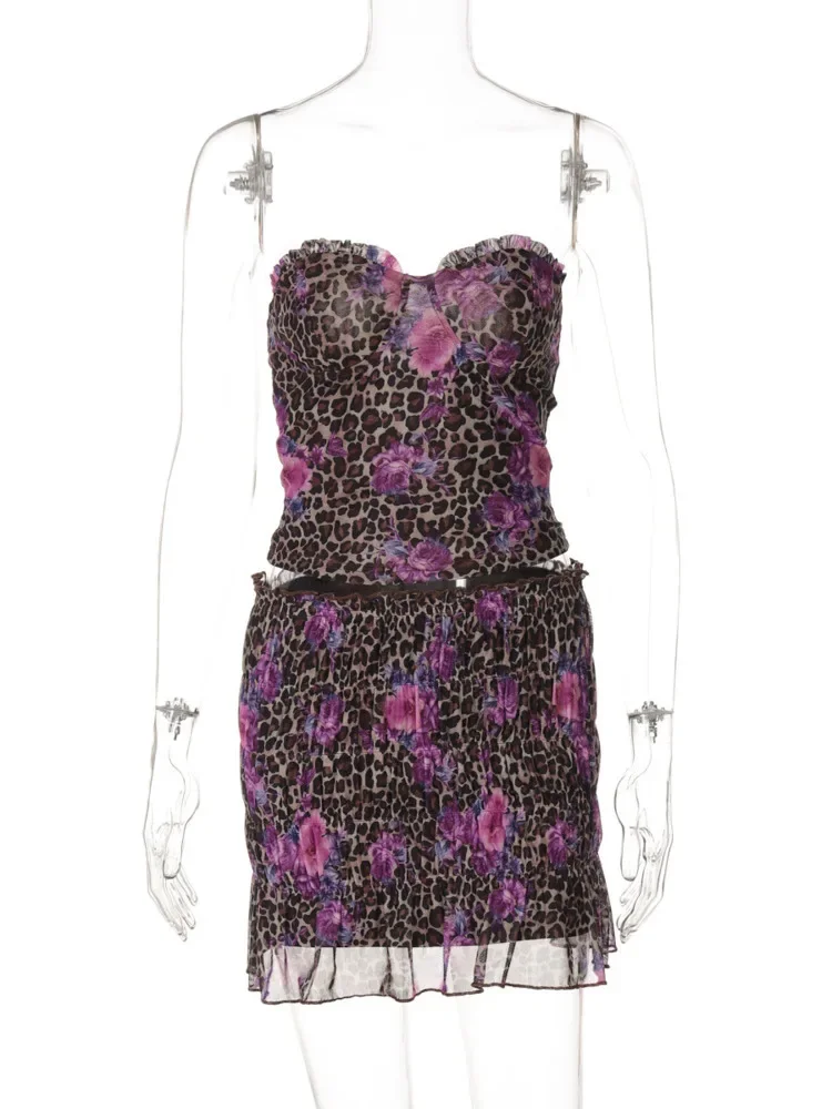 XIAOTANG Rok Seksi Motif Macan Tutul Dua Potong Set Atasan Crop Bahu Terbuka Wanita dan Rok Mini Wanita Musim Panas Pantai Set 2 Potong