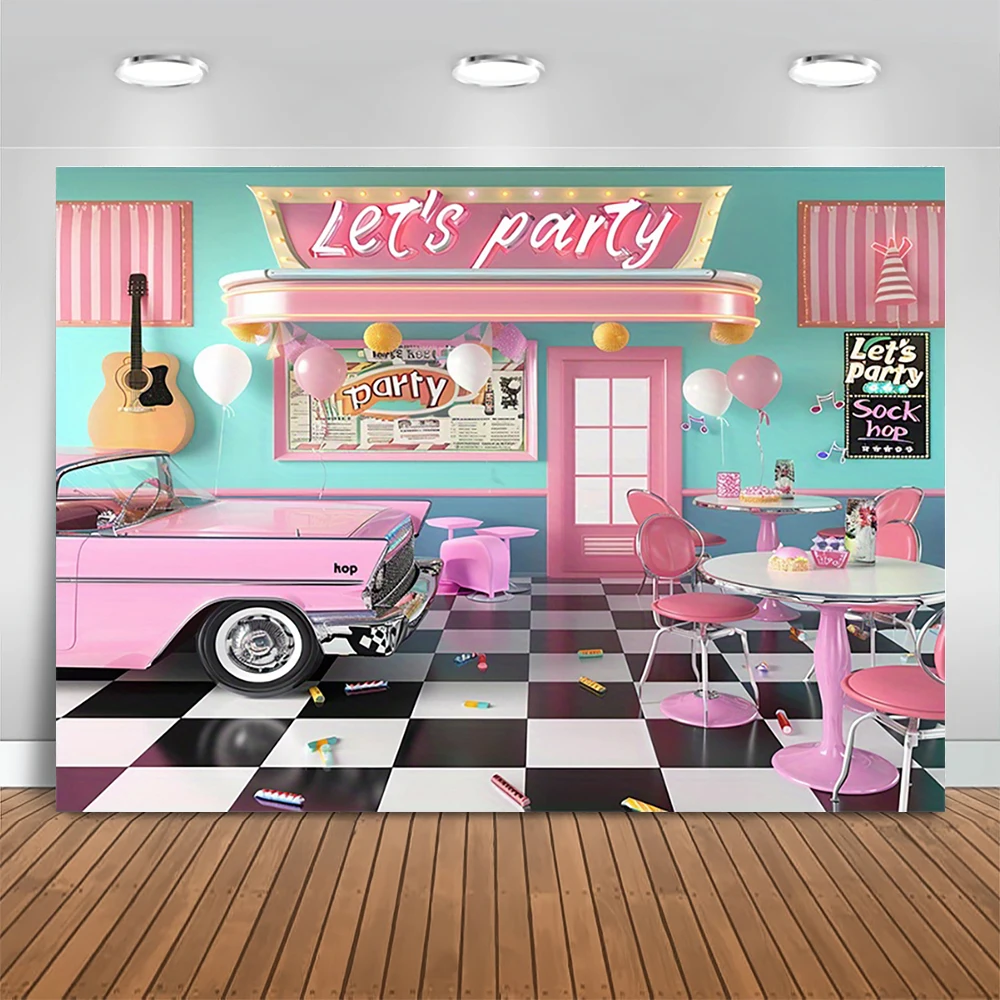 Retro Restaurant Party Backdrop Hot Pink Rock Disco Car Photography Background Girls Birthday Party Decor Banner Photo Studio