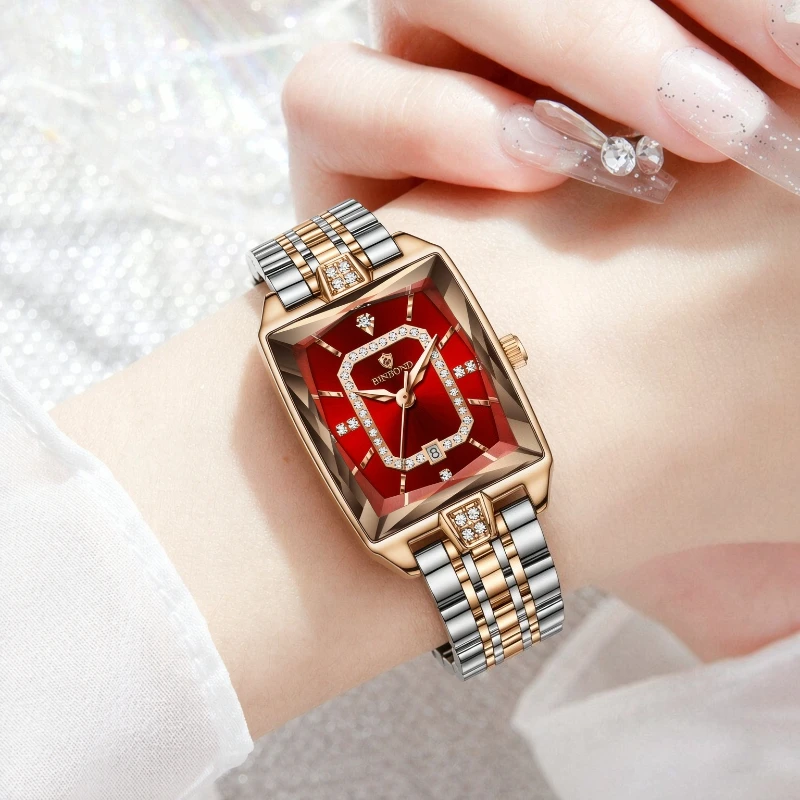 Casual Women's Waterproof Quartz Watch Fashion Square Dial Metal Band Ladies Wristwatch Inlaid Diamond Dial Gift Box Packaging