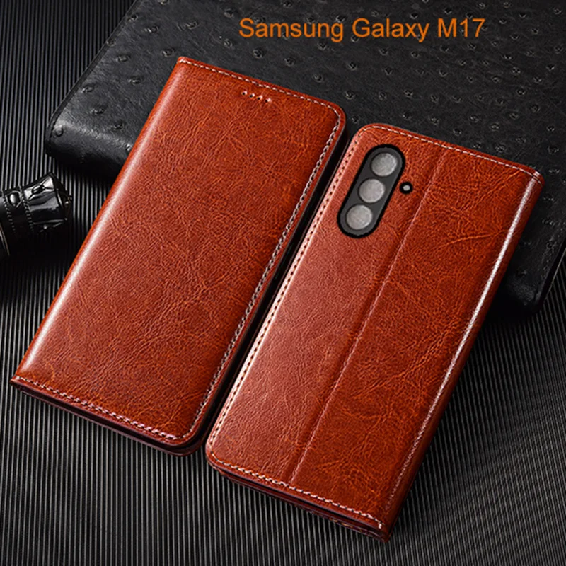 

Crazy Horse Genuine Leather Flip Case For Samsung Galaxy M07 M17 Phone Cover Card Cases Scratch Proof