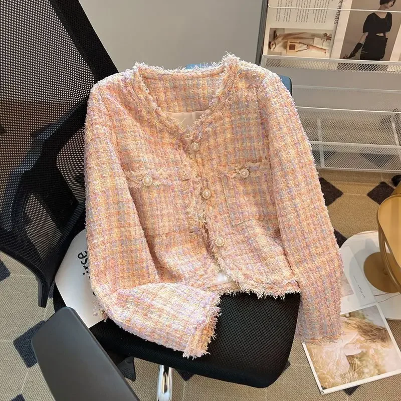 

Slimming Short Tweed Jacket Beautiful Ladies Fashion Spring Autumn New Style V-Neck Full Sleeve Polyester Fiber Outerwear