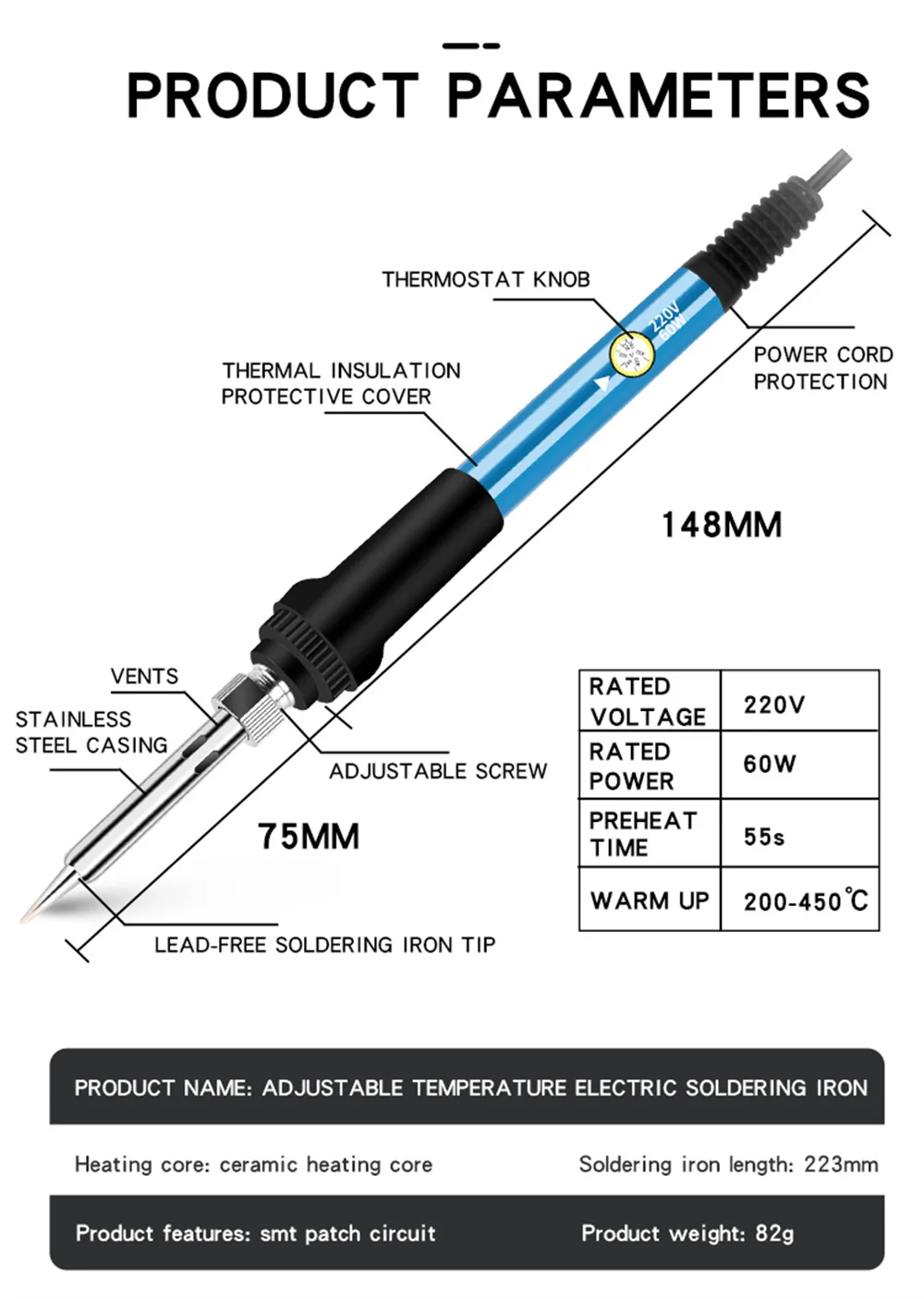 

1set 60W Electric Soldering Iron Adjustable Temperature EU 220V / US 110V Welding Iron Rework Station Heat Pen Tips
