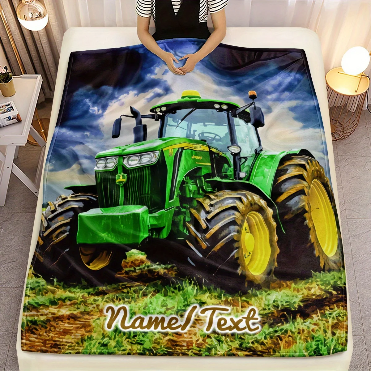 Daily Comfort  Personalized Tractor Flannel Blanket - Soft and Lightweight Green and Yellow Tractor Printed Blanket