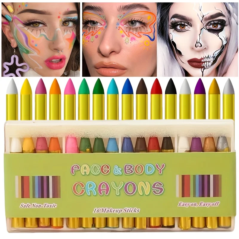 16-Color Face Paint Crayon Sticks Set for Halloween DIY Hand-Painted Graffiti Faces