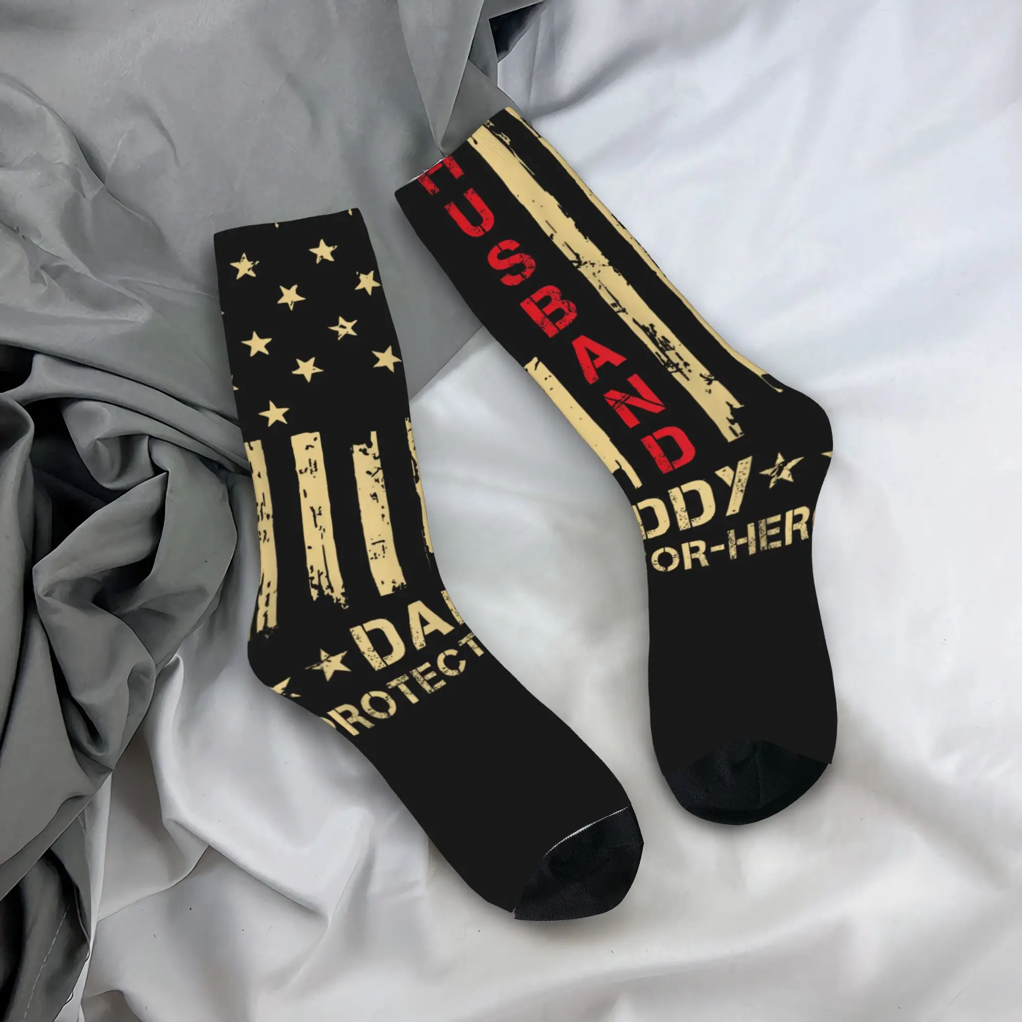 

Husband Daddy Protector Hero Fathers Day Camo American Flag Socks Korean Stockings Sports Socks Autumn Custom Non Skid Socks