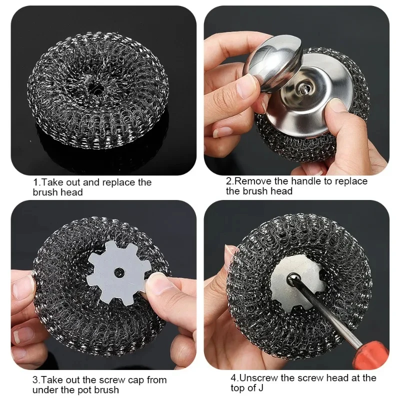 Edelstahl Topfbürste mit Griff robuste Metalldrahtkugel Reiniger Hochleistungs Reinigungswerkzeug für Geschirrspülung langlebig für Hausküche entfernt angebrannte Rückstände an Töpfen Pfannen Küchenutensilien vielseiti – Detail 11