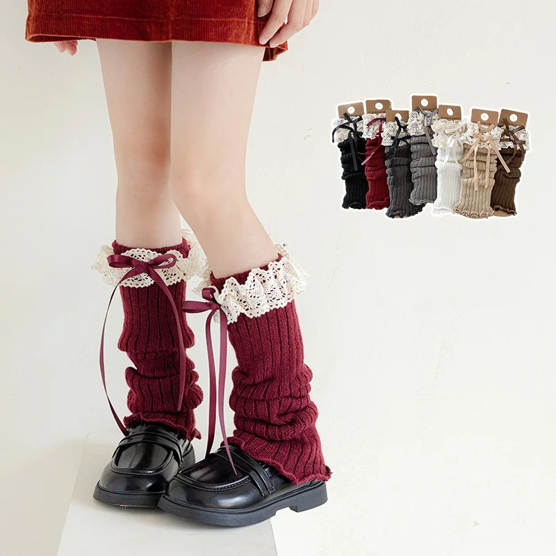 

42cm Kids Girls Leg Warmers Autumn Winter Princess Knitted Kids Stockings Fashion Lace Bow Socks 3-12 Years Long Leg Warmer 2025