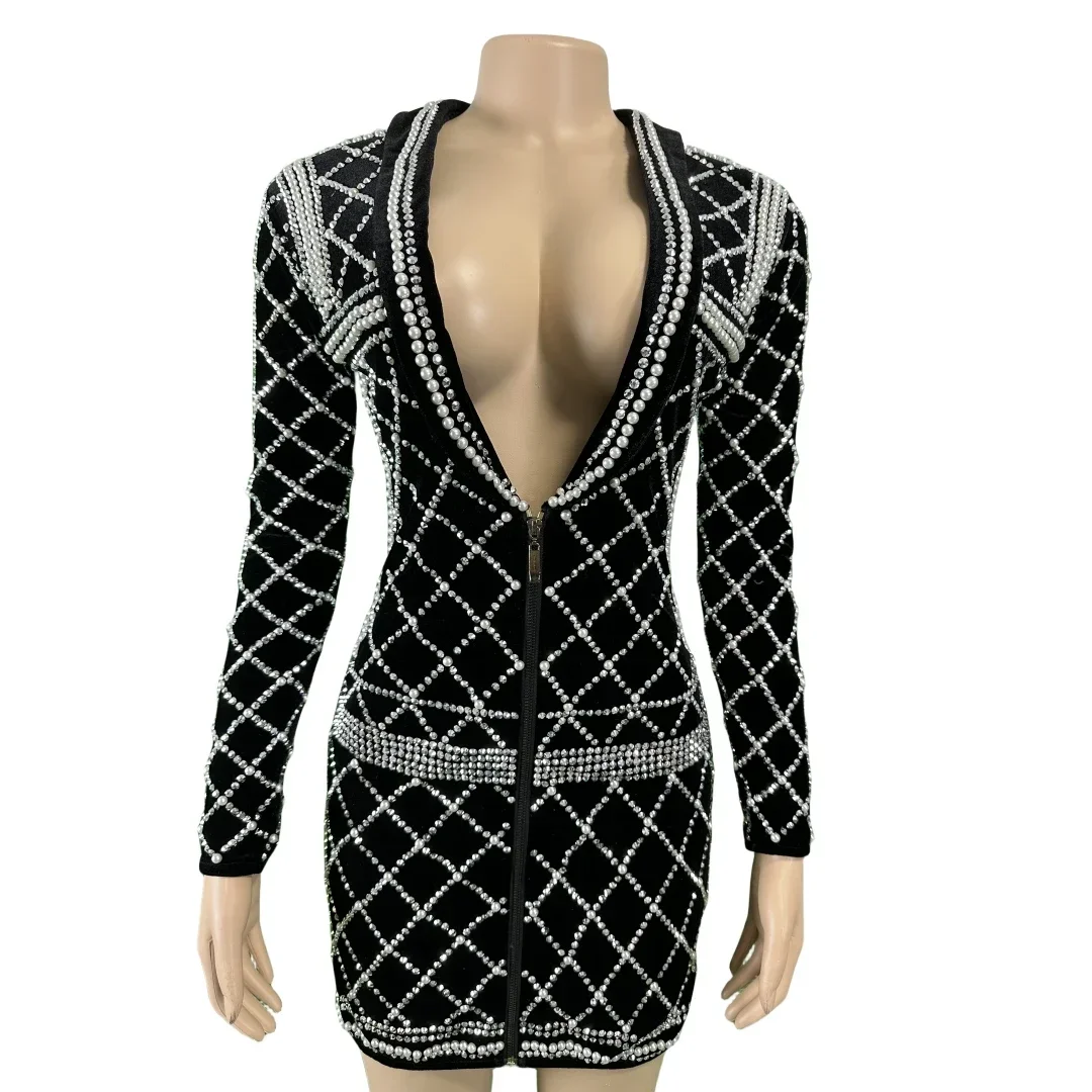 

Black Women Long Sleeve Dress Pearl Rhinestone Skinny Sexy Deep V Neck Blazer Jacket Night Club Party Plaid Drag Queen Costume