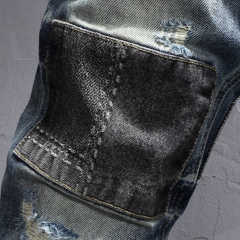 

Street Designer Fashion Men Jeans Retro Washed Blue Stretch Slim Fit Patched Ripped Jeans Men Y2K Hip Hop Vintage Denim Pants