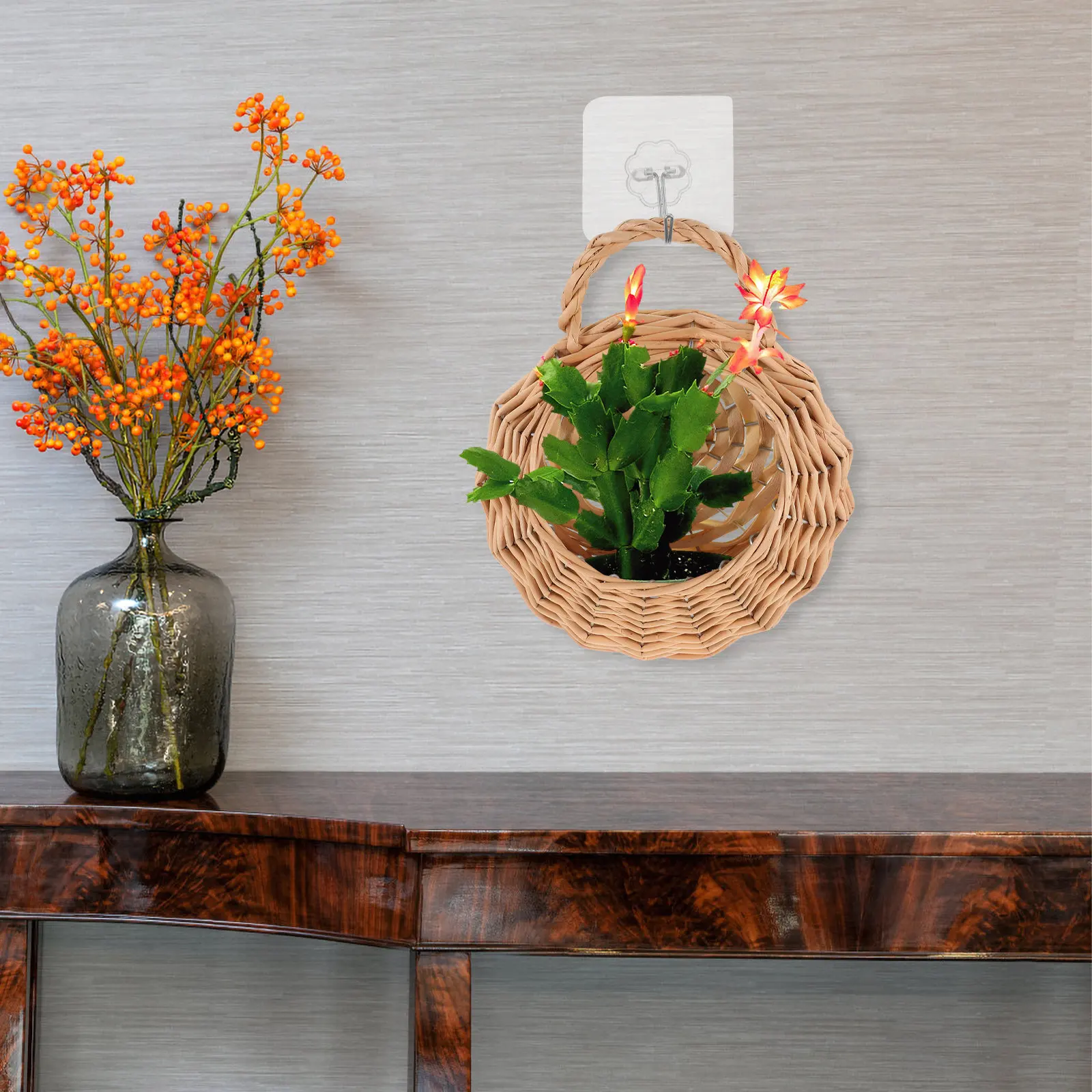 Hanging Woven Basket Wall Decor Natural Wicker Flower Holder Kitchen Seasoning Storage Door Entry Organizer Home Decorative