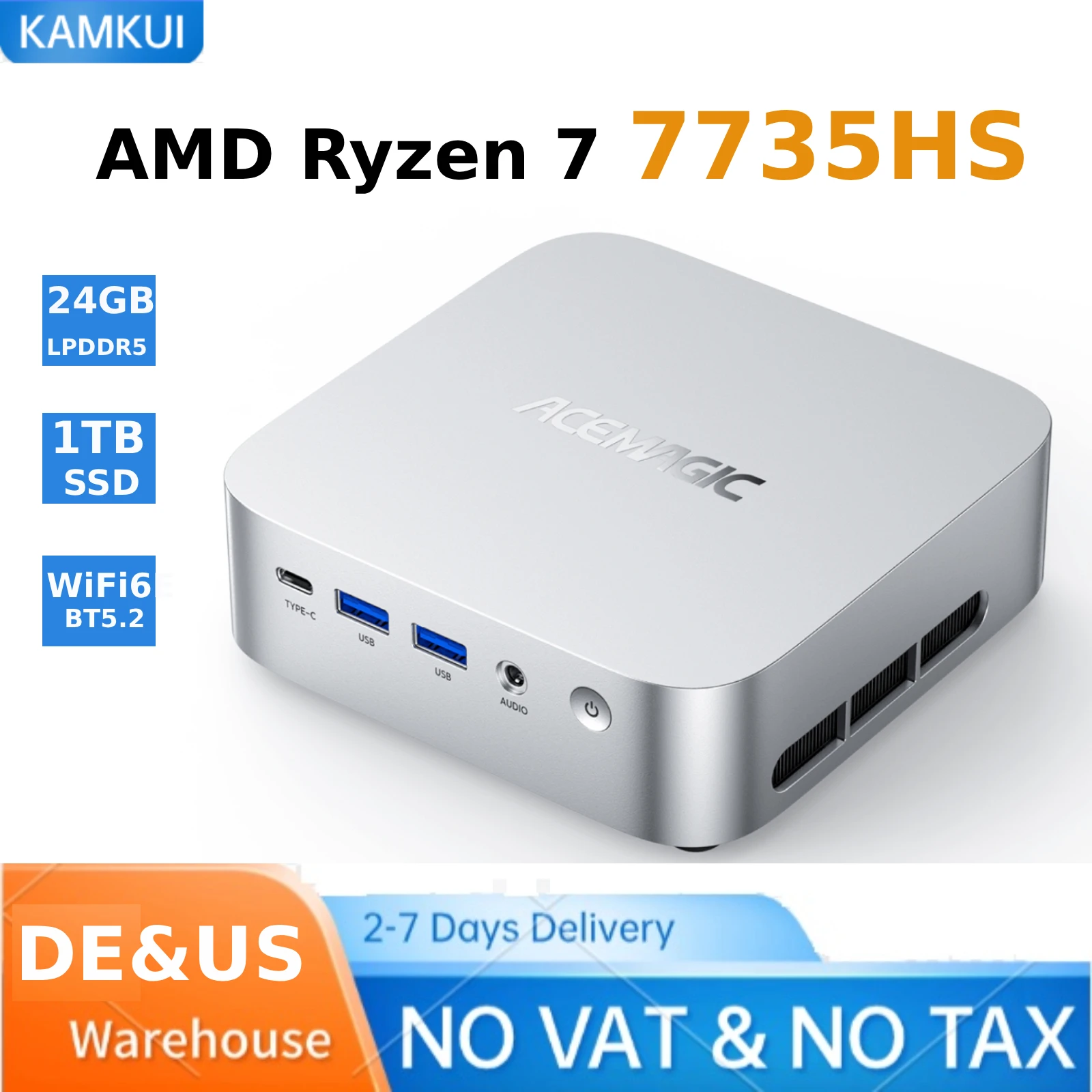 Gaming Mini PC AMD Ryzen7 7735HS 16GB/24GB LPDDR5 512GB M.2 NVMe SSD WiFi 6 Win11pro Radeon 680M 4K Mini Desktop Computer