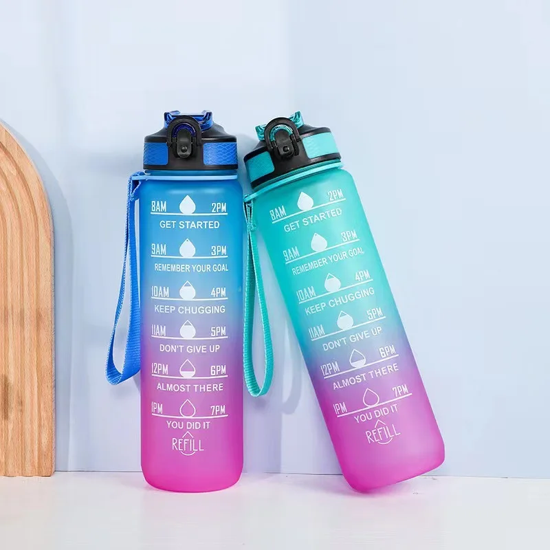 

1000ml Large Capacity Gradient Water Bottle with Straw 1 Litre Leakproof with Time Marker,for Sports Fitness Coffee
