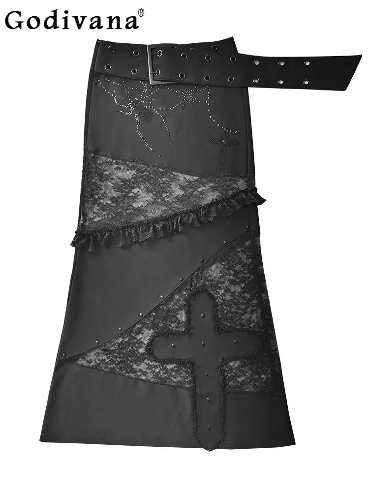 

Punk Elegant Lace Splicing Chic Dark Low Waist Straight Skirt Summer Personalized Girl Sexy Fashion Hollow Solid Color Skirts