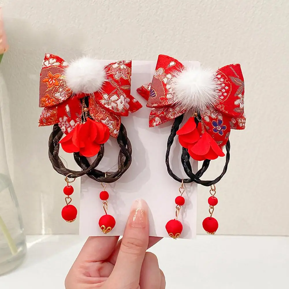 Chinese Style Fashion Hanfu Flower Tassel Headband Pigtail Wig Children\'s Pearl Bow Cartoon Cute Hairband New Year Headdress