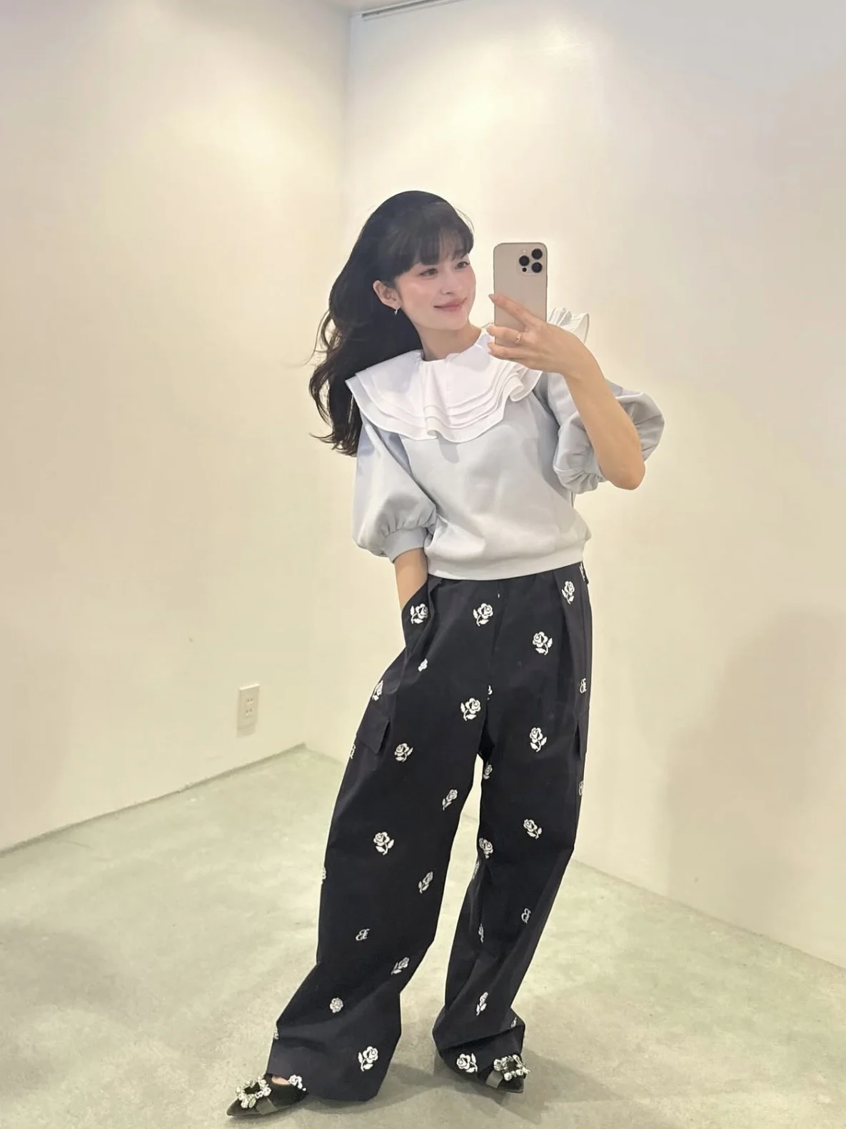 Japanese Style Rose Print Wide Leg Pants Side Pocket Drawstring Design Slimming Cool Long Trousers Casual Pants for Women