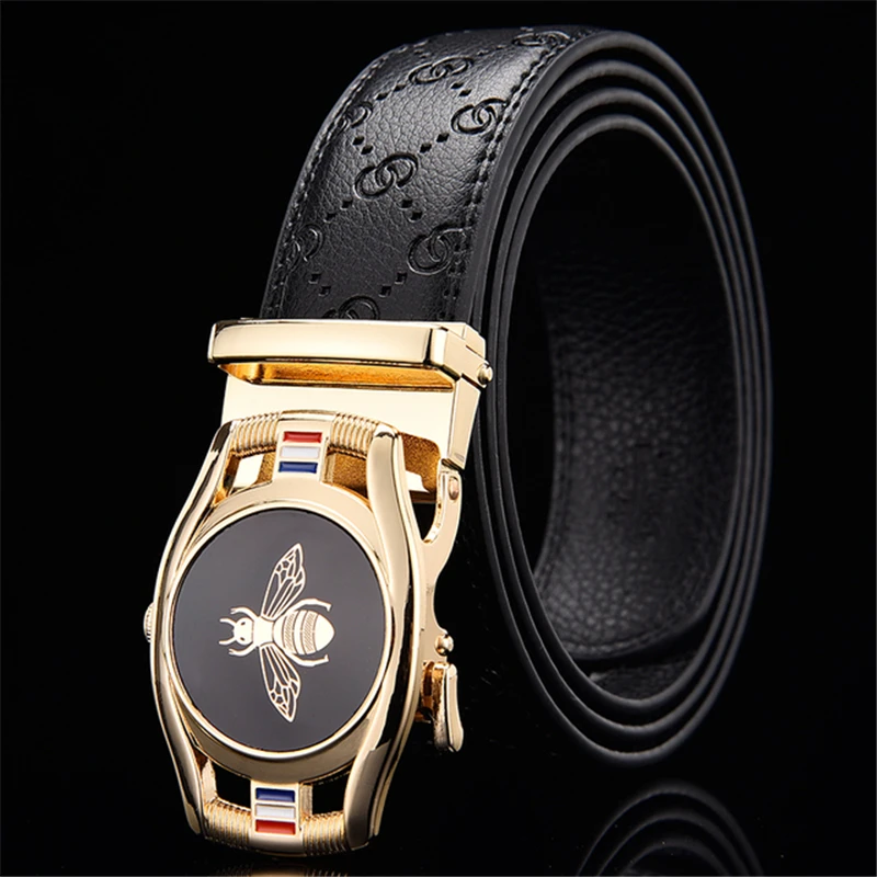 Ceinture à boucle automatique en cuir pour hommes, marque de luxe avec boucle abeille en diamant