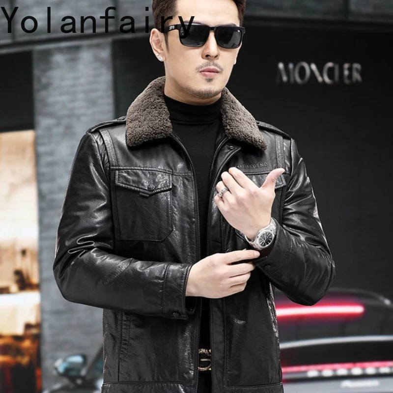 YOLANFAIRY Genuine Leather Cowskin Mens Jakcet Winter Wool Collar Coats White Duck Down Liner Removable Jackets Jaqueta De Couro