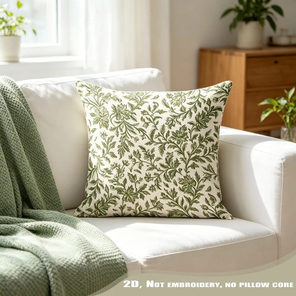 1PC Olive Green Mint Leaf Botanical Pillow CoverPolyester Cushion Case for Sofa Couch Living Room Bedroom Home Decor