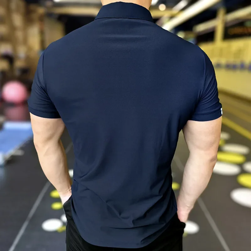 Men's Athleisure Ice Silk Top Tee Sweatshirts Fitness Training Tights Golf Short Lapel Activewear Sleeve Gym Muscle Fit Shirt