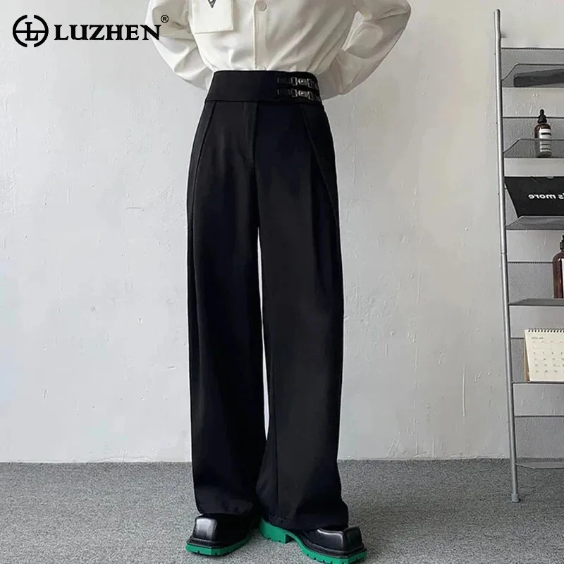 LUZHEN Stylish Straight Suit Pants Men\'s Loose Casual 2024 Elegant Trendy Wide Leg Metal Buckle Design Straight Trousers 03e3be