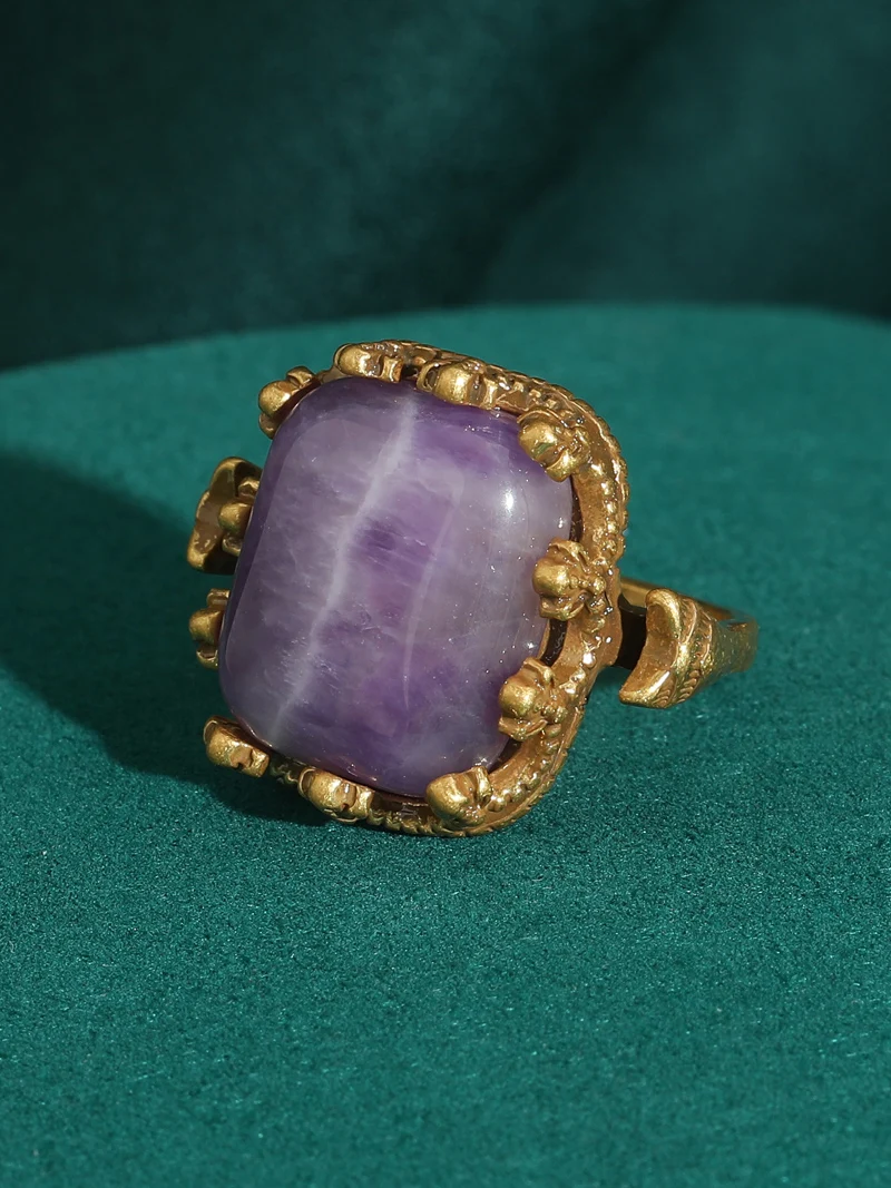 Retro Noble Purple Square Natural Stone Rings for Women Prong Setting Wedding Bands Vintage Antique Jewelry Party Copper 2024