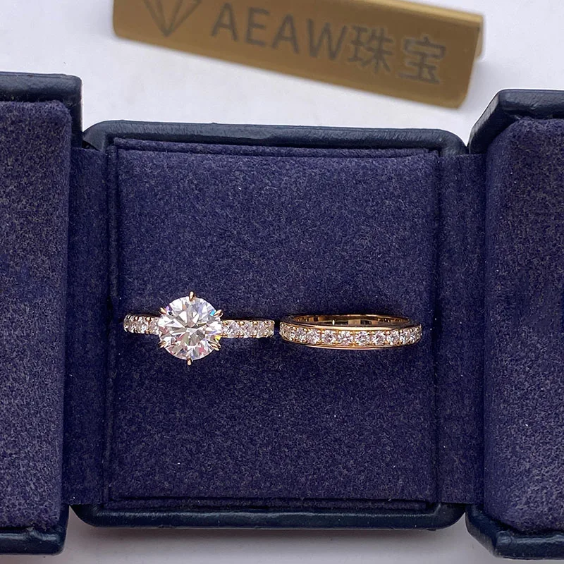 IGI 2CT EF/VS Round Ring and 2mm Band Lab Grown Diamonds Set Rings for Women Soild 14K Yellow Gold Ring For Engagement Gifts