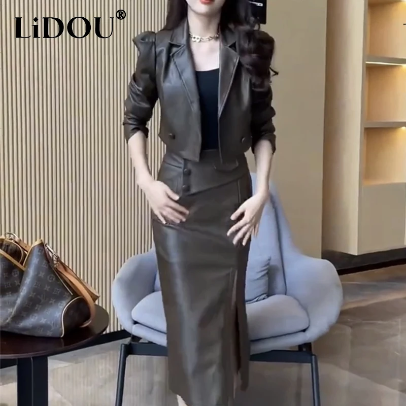 Autumn Winter PU Leather Casual Fashion Long Sleeve Coat High Waist Slim Bodycon Slit Skirt Set Women Elegant Jacket Skirt Suit