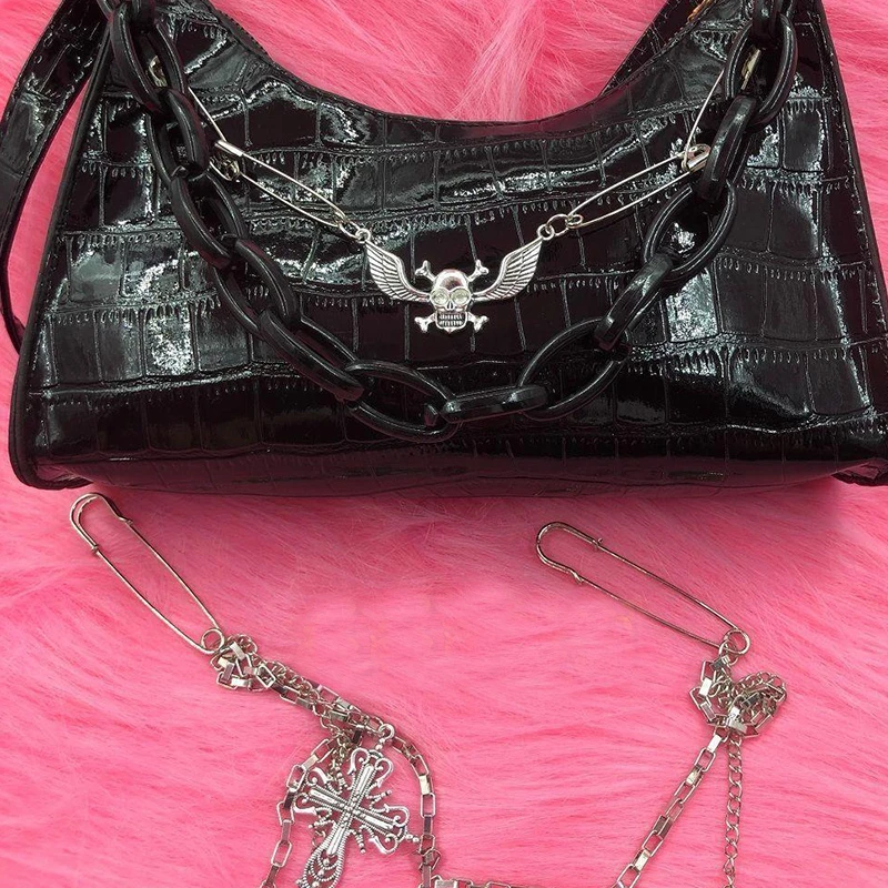 Krokodil Muster Handtasche Y2k Kreuz Schädel Umhängetasche Hot Girl Kette Sommer Subkultur Dark Punk Unterarm Tasche – Detail 16