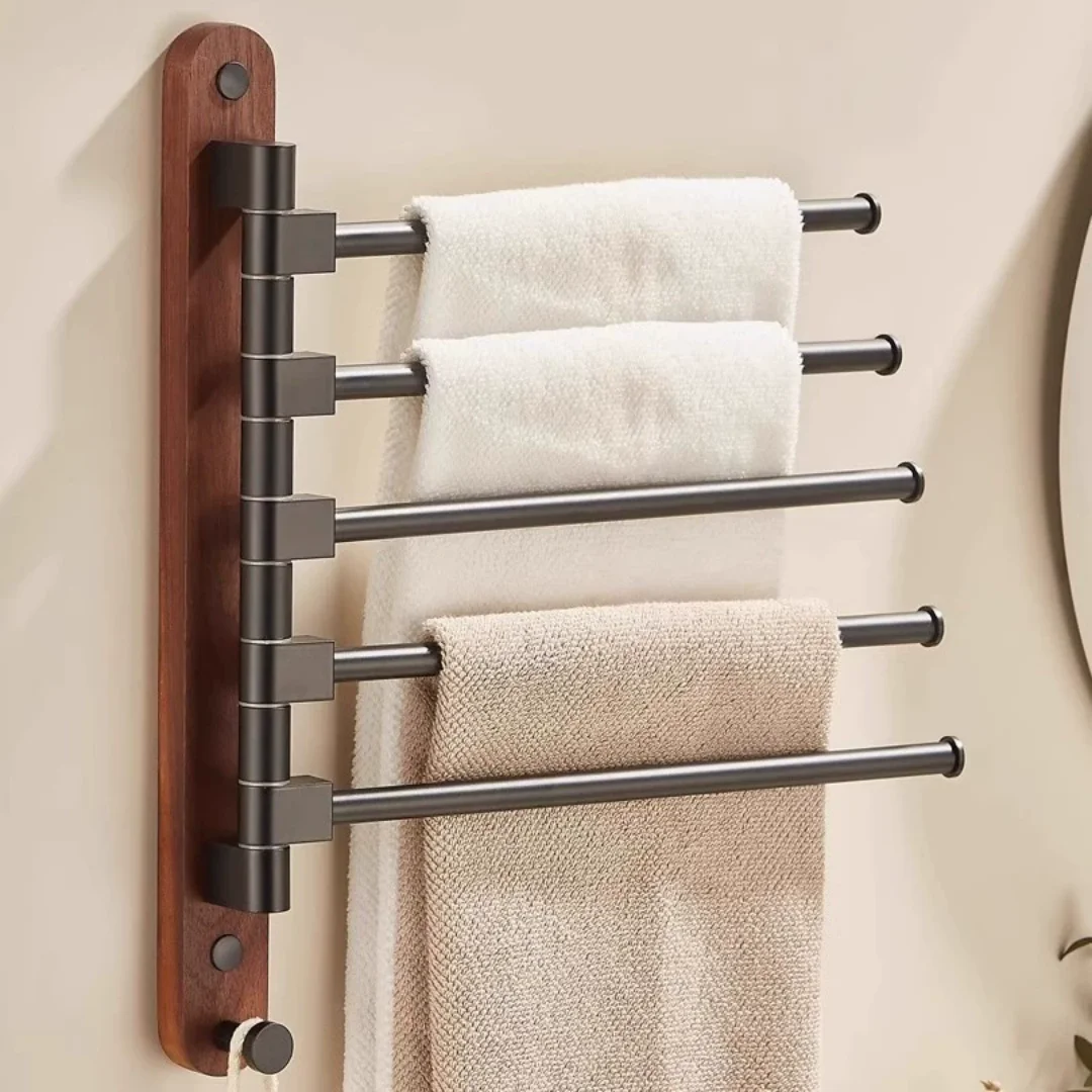 Rak Handuk Kamar Mandi Kayu Hitam, Gantungan Handuk Putar Lipat, Rak Handuk Tempel Dinding, Rak Handuk Ringkas, Rak Handuk Kamar Mandi