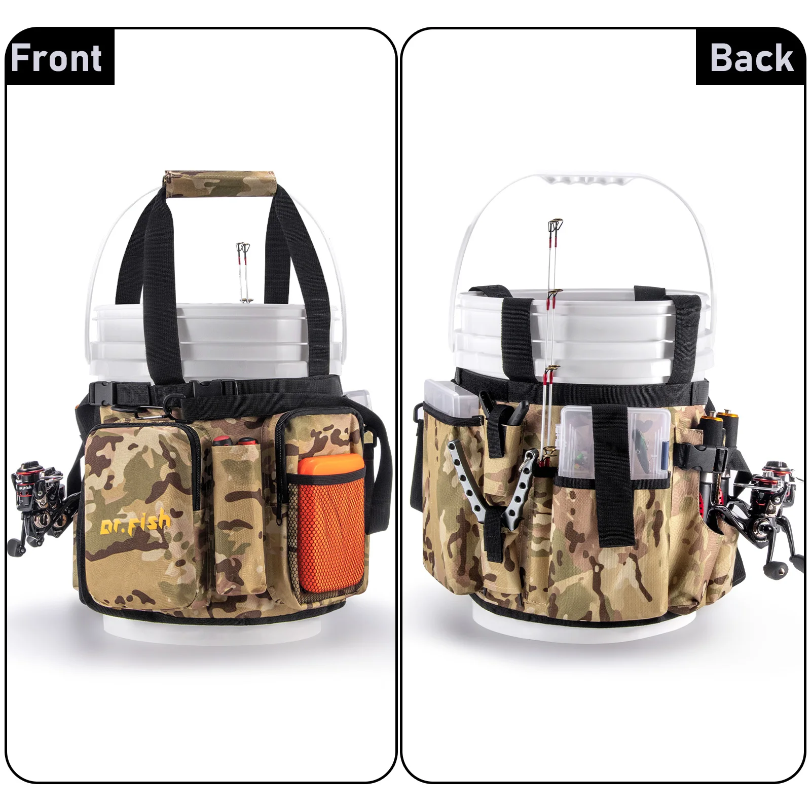 5 Gallon Fishing Bucket Organizer for Ice Fishing Tackle Adjustable Bucket Tackle Bag Storage 6 Pockets 2 Rod Holder Tool Holder