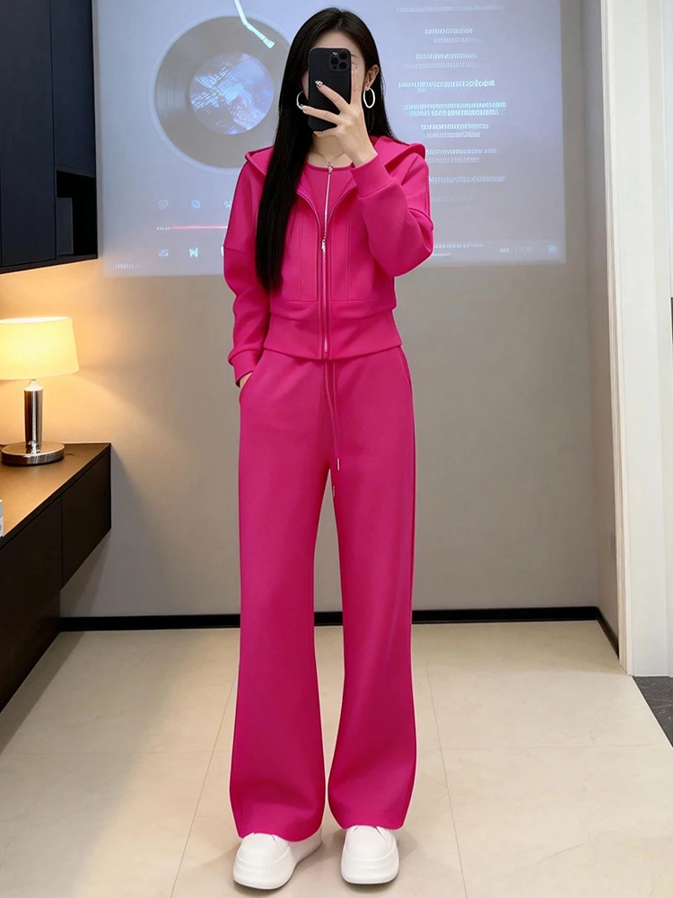 

Dragon Fruit Color Loose Casual Versatile High Waist Wide Leg Pants Two Piece Set Women Spring Autumn ular Sle