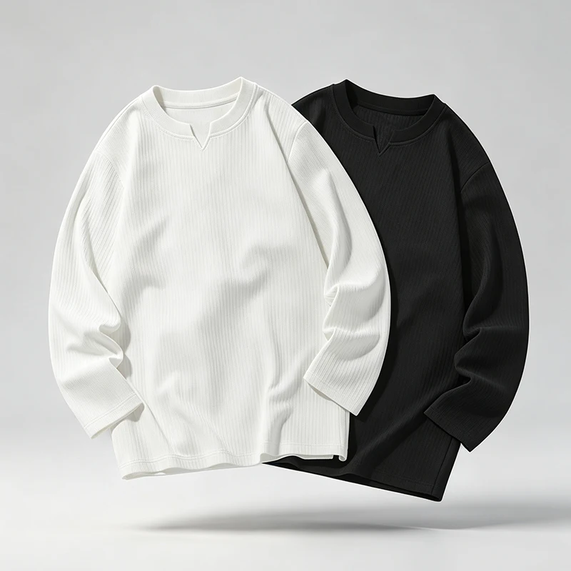 Herren-T-Shirt mit V-Ausschnitt, langen Ärmeln, vertikalen Streifen, geripptem Stoff, lockerer Passform, bequem, lässig, Basic-Oberteil für Herren. – Detail 6