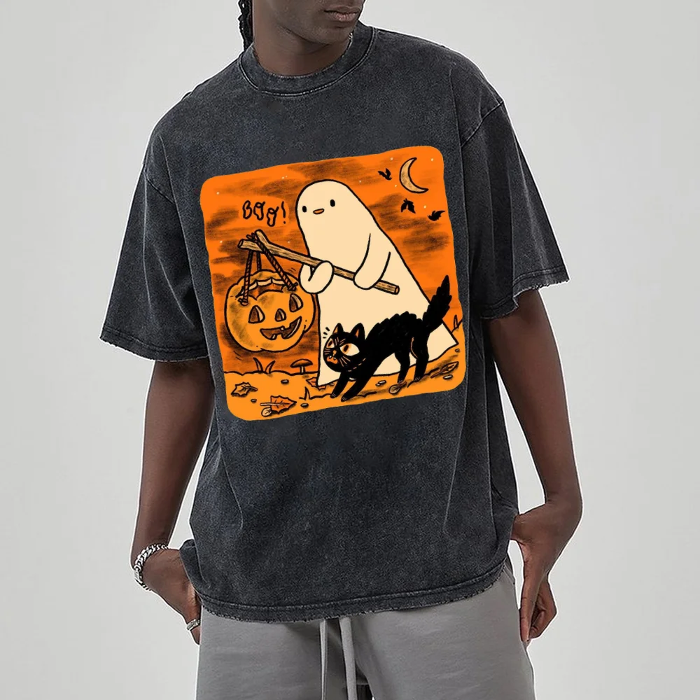 Halloween Black Cat Ghost Print Couple T-Shirt Oversized Wash Cotton Short Sleeve Cute Funny Style Fashion Tees y2k
