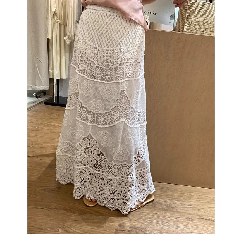 Lace Hollow out Heavy Embroidery A-Line Skirt Women's Mid-Length Elastic Waist Slimming Maxi Skirt Spring Season China Made