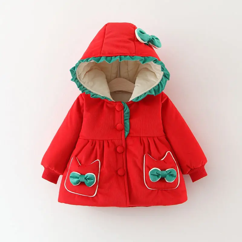 Baby Winter Coat Solid Color Bow Cotton Clothes Warm Windproof Hooded Toddler Children Jacket For Girls 0 To 4 Y Kids Costume