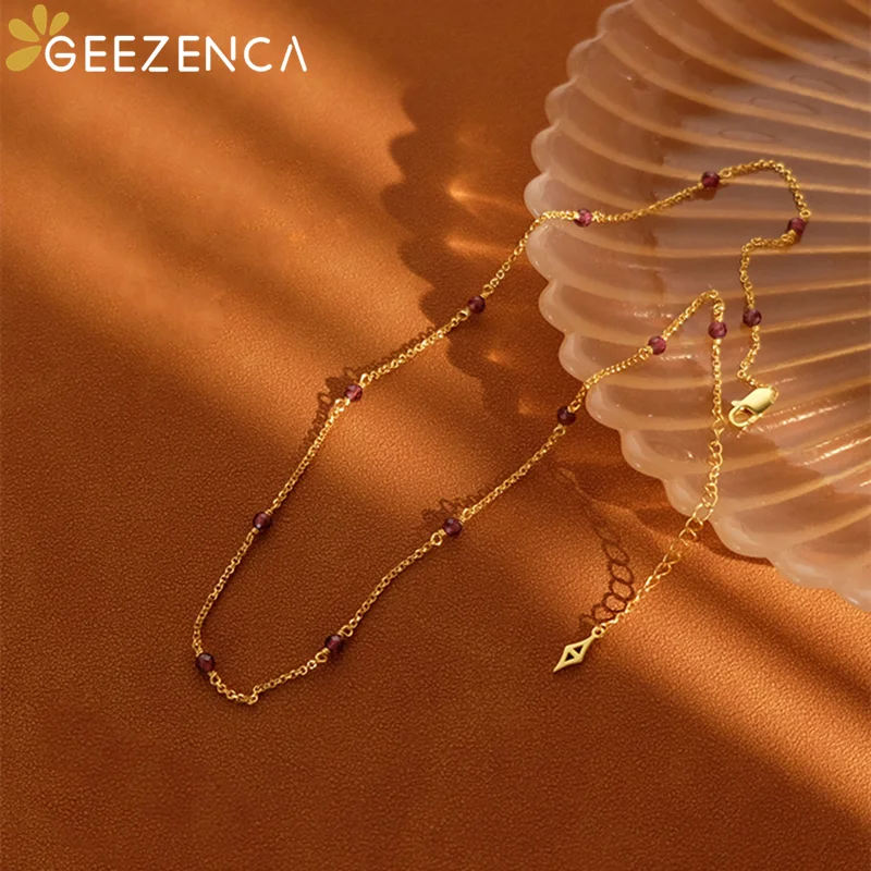 GEEZENCA S925 Silver Natural Garnet Spaced Beads Chain Necklace Red Stone Chic Layering Choker Necklaces For Stack 2024 New Gift