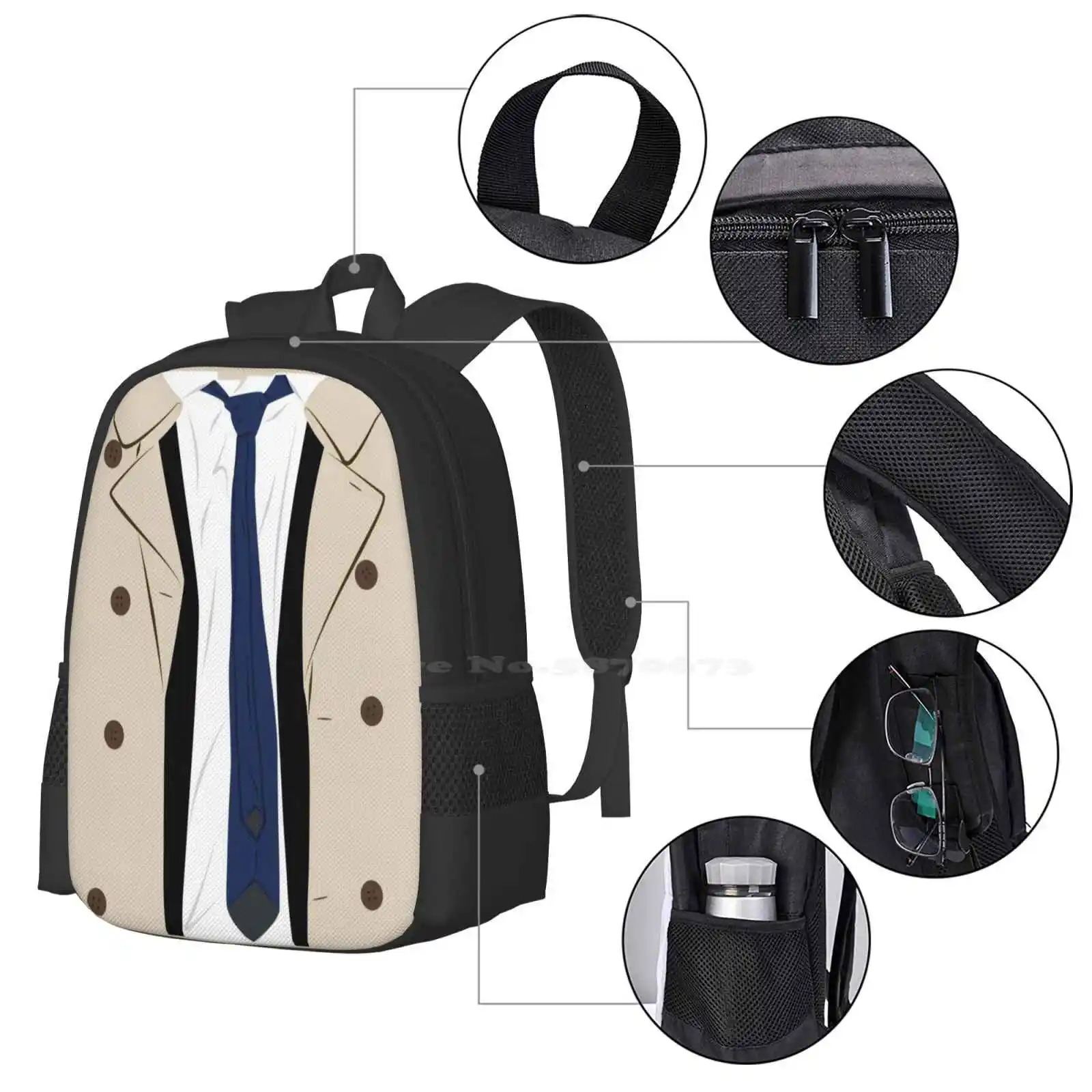 Cas-Tee-El Hot Sale Schoolbag Backpack Fashion Bags Castiel Cw Supernatural Trench Coat Angel