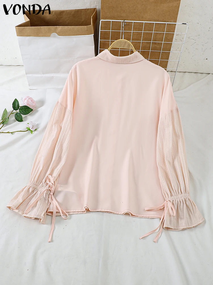 Plus Size 5XL VONDA Women Cotton Linen Blouse 2024 Casual Solid Color Long Sleeve Shirts Tunic Casual Loose Lapel Collar Tops