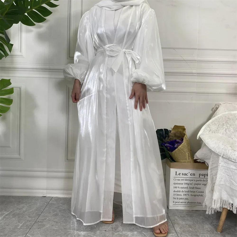 White Satin Abaya Kimono Shiny Silk Stretch Balloon Sleeve Muslim Dress Saudi Open Abayas for Women Dubai Turkey Islam Cardigan